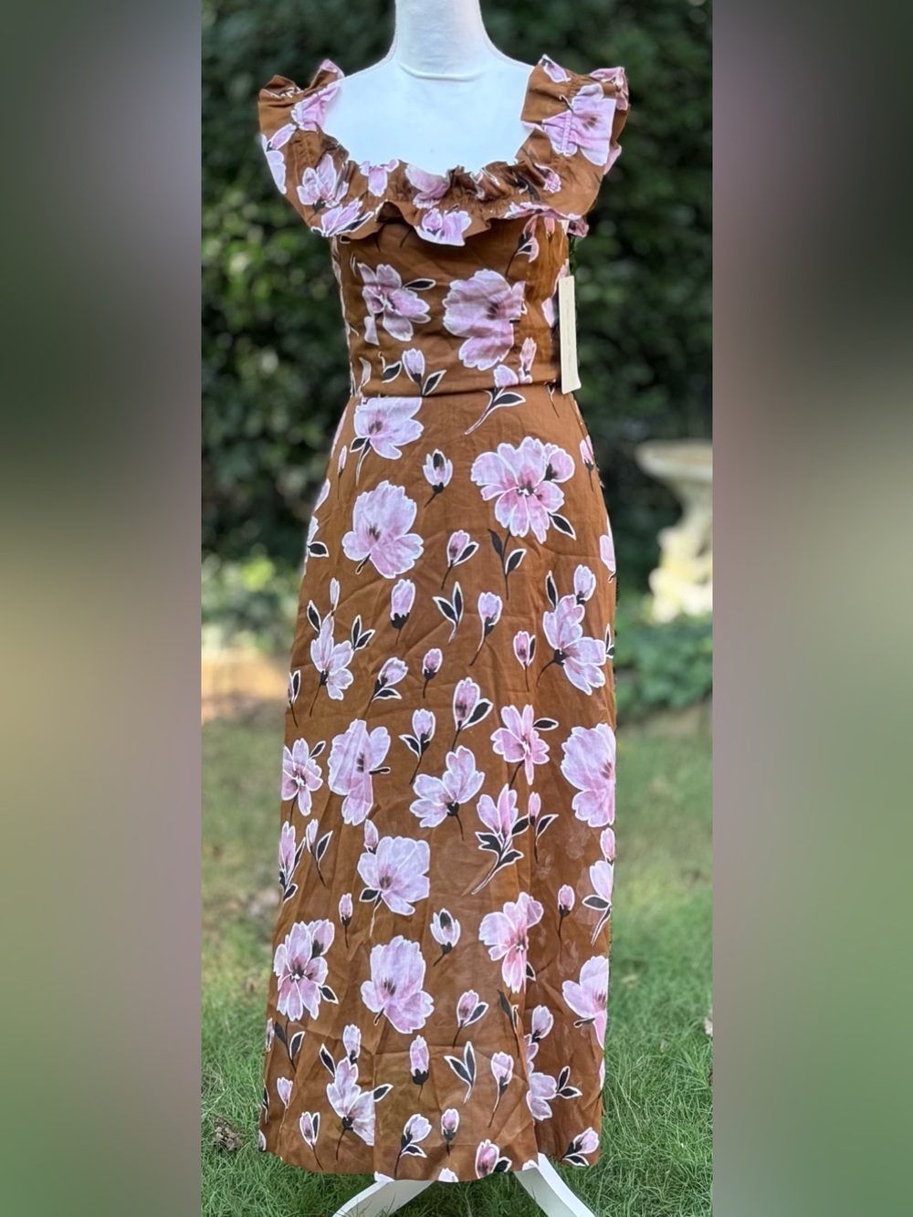 🦋 Doe & Rae Floral Off-The-Shoulder Ruffle Midi Dress in Brown & Pink NWT
